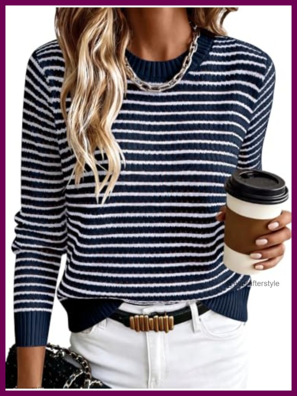 Womens Long Sleeve Striped Crochet Knit Pullover Sweater Crew Neck